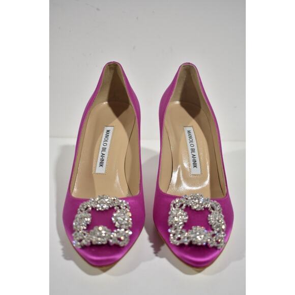 Manolo Blahnik Hangisi 70 Spur Pink Satin Jewel Crystal Buckle Heel Pump 39.5 - Picture 5 of 10